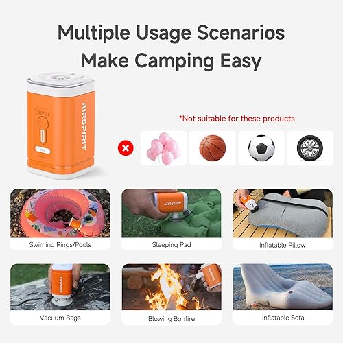 Miniatura 8 de Mini bomba de aire eléctrica portátil para inflables, 2400 mAh, recargable, luz de campamento (SOS), 5 boquillas universales, clip de mosquetón,