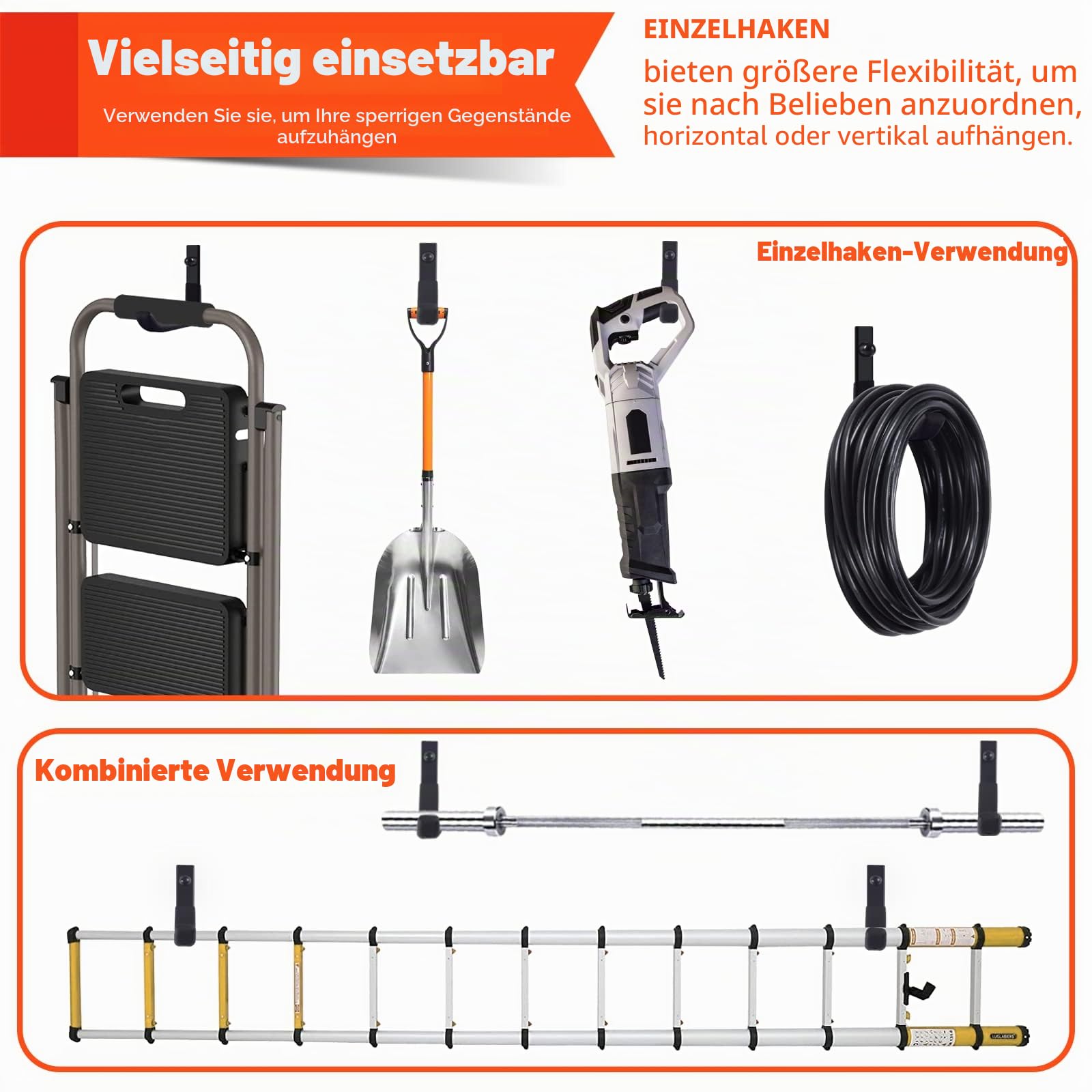 4 Stück Schwerlast Wandhaken Garage, Robuste J Garagenhaken, Haken zum Aufhängen, Stahl-Wandhalterung Werkstatt Organizer für Aufbewahrung von Leitern, Werkzeugen, Gartengeräten (10cm, 40kg)