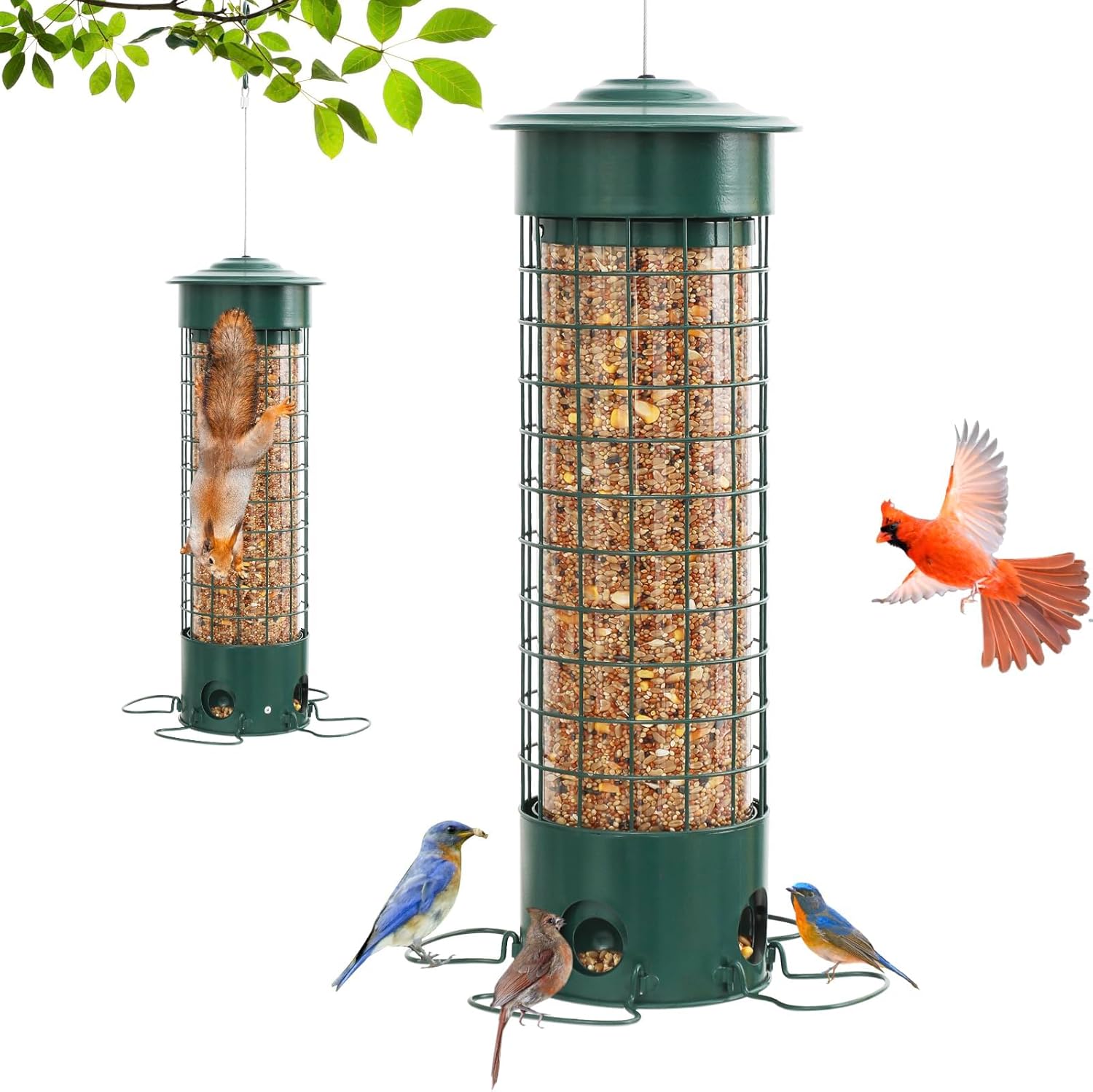 Squirrel Proof Bird Feeder, Weight Activated Outdoor Hanging Metal Bird Feeder, Bite Proof, Weatherproof, Durable, Suitable for Chickadees, Goldfinches, Cardinals, 4.4LB Large Capacity, Green
