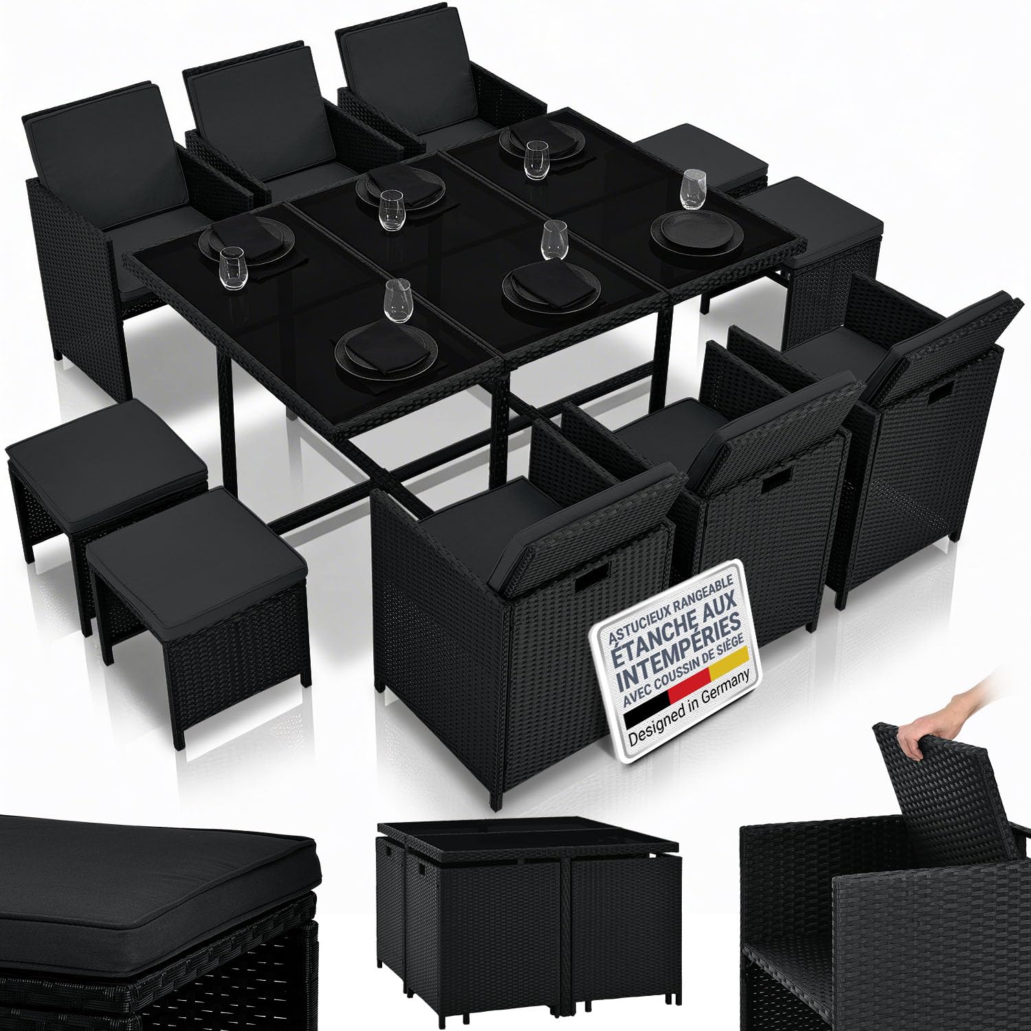 Juskys Groupe de sièges en polyrotin Baracoa XL 11 pièces résistant aux intempéries et empilable - Ensemble de mobilier de Jardin avec 6 chaises, 4 tabourets et Table - Noir, 10 Personnes