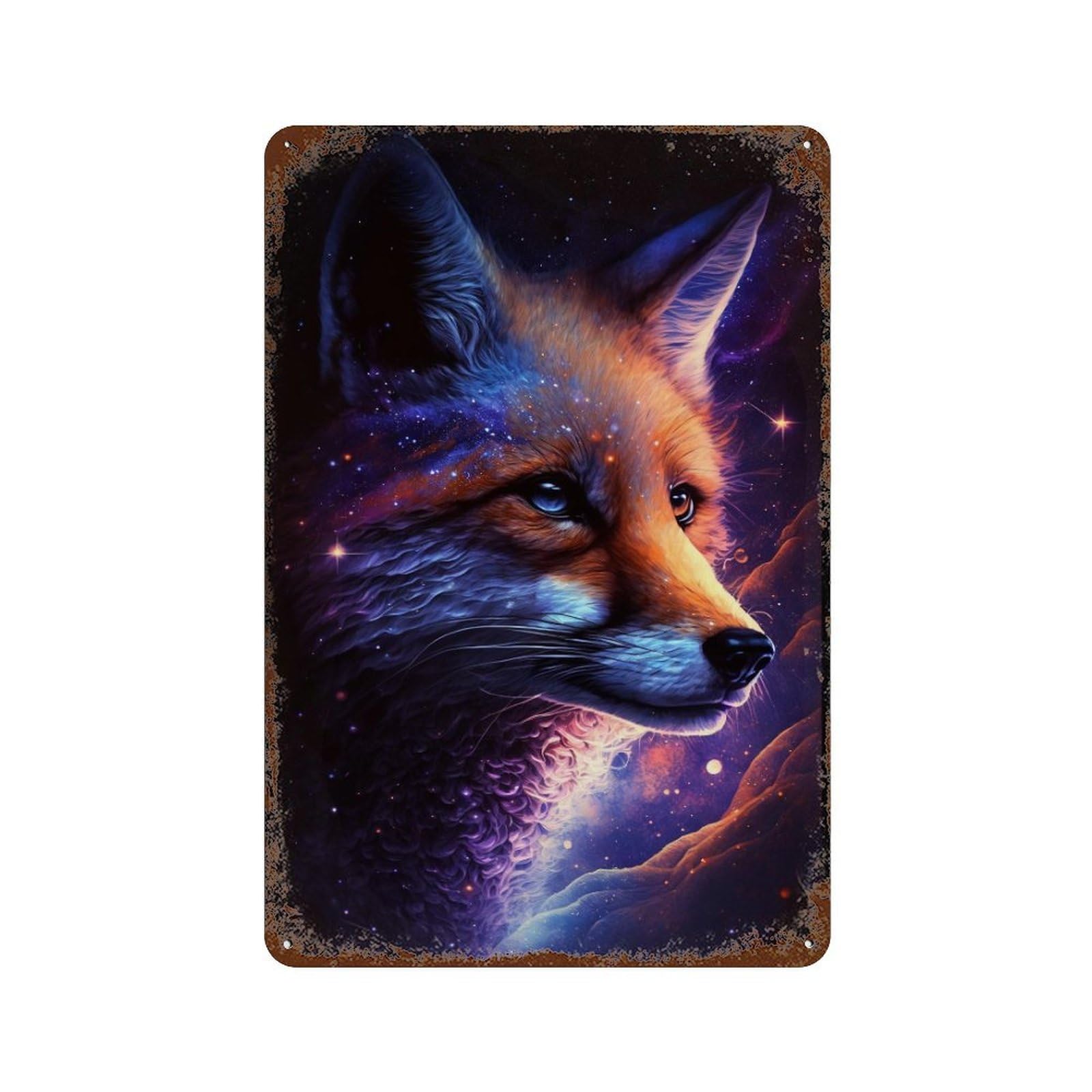 Retro Metal Sign Cosmic Fox Portrait Artwork 11.8"x7.9", Decorative Metal Wall Art for Pub, Kitchen And Man Cave Decor
