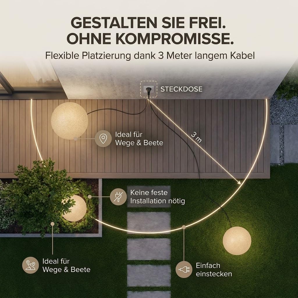 Kugellampen für Außen 30 cm Sandstein IP65, Garten Kugelleuchte E27 ohne Leuchtmittel, Wetterfest mit 3 m Kabel, Leuchtkugel Outdoor LL BELO