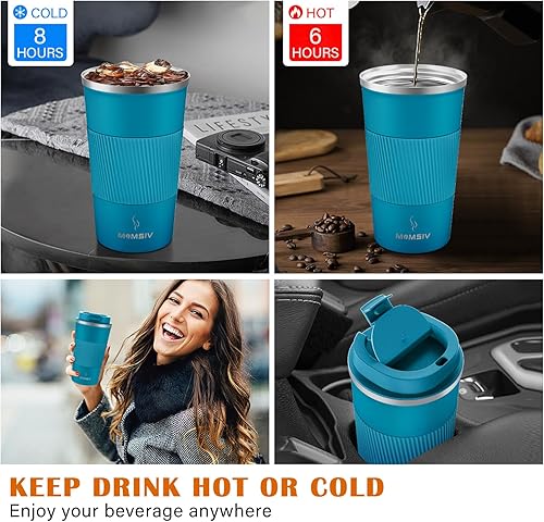 Miniatura 6 de MOMSIV Taza de viaje de 17 onzas, taza de café aislada con tapa a prueba de fugas, vaso reutilizable de doble pared de acero inoxidable al vacío