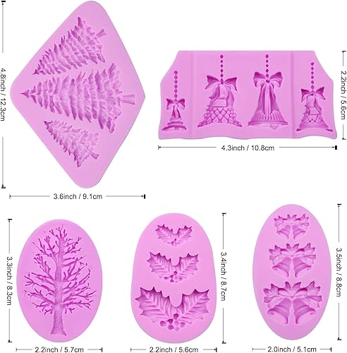 Miniatura 2 de Molde de silicona para árbol de pino, moldes de fondant de campanas de Navidad, molde para hornear chocolate con hojas de acebo para decoración de