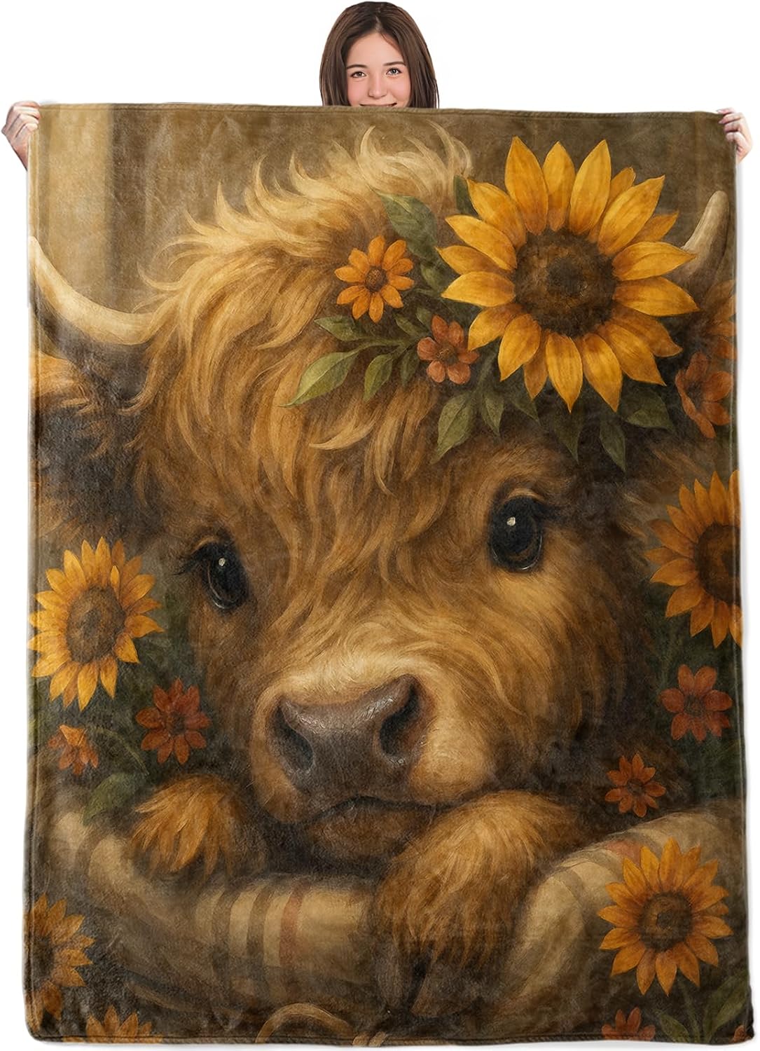 Wicked Highland Cow Blanket,60x80in,Cozy Flannel Throw with Cute Calf Sunflower Design,Soft Lightweight Gifts Blankets for Women,Sofa Bed Travel Living Room Rustic Farmhouse Decor