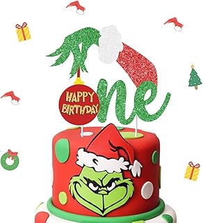 Grinch Cake Topper For 1st Birthday, One Happy Birthday Cake Toppers Glitter Decorating Supplies For Christmas Xmas Holida...