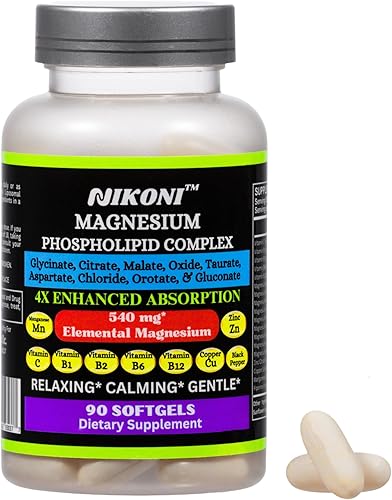 Nikoni Complejo fosfolípido de magnesio 2500 mg (9 sales de magnesio, 5 vitaminas y 3 minerales) 90 cápsulas blandas