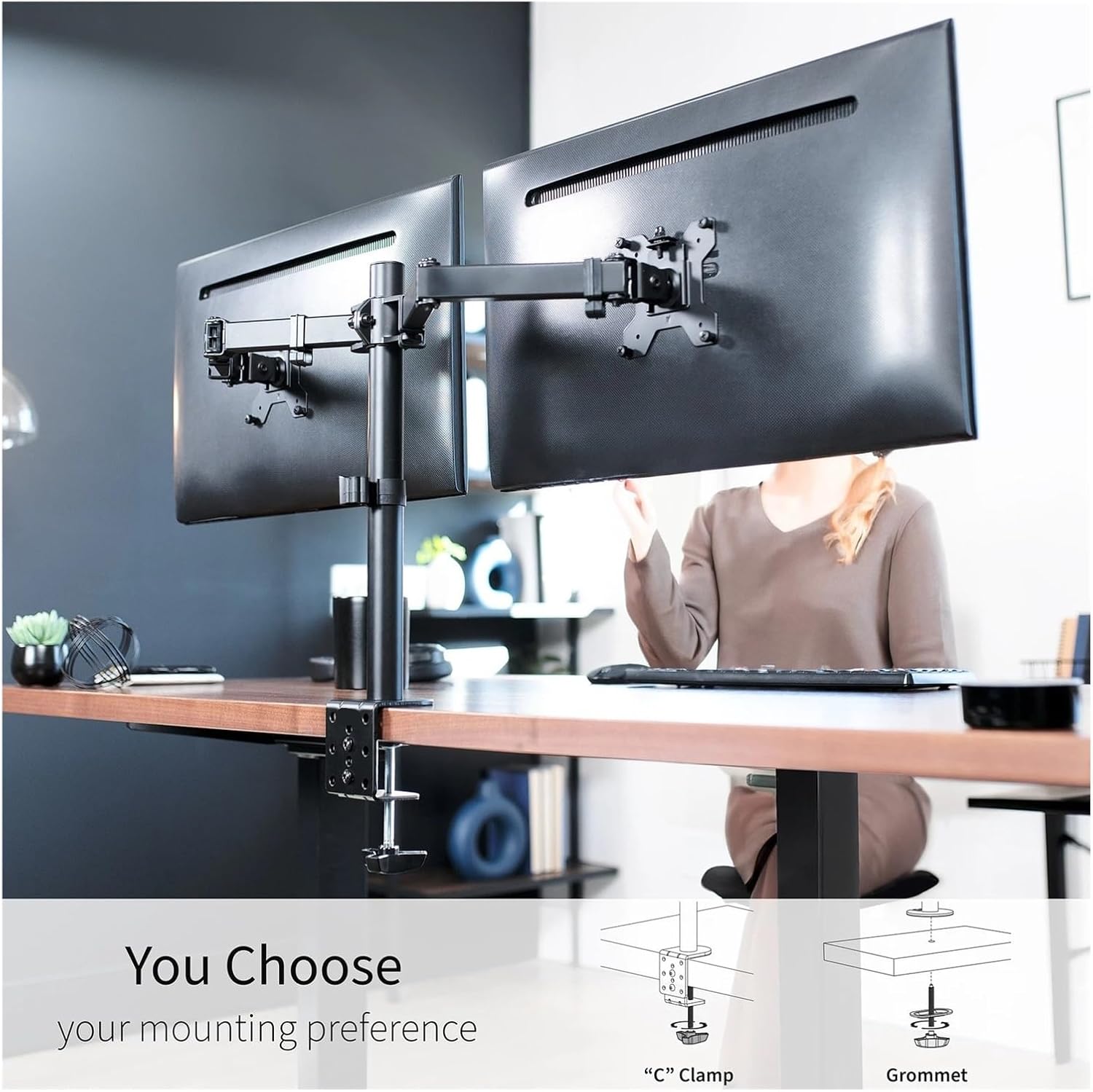 Black Dual Monitor Desk Stand Adjustable Bracket Fits Screens Up to 30 Inches