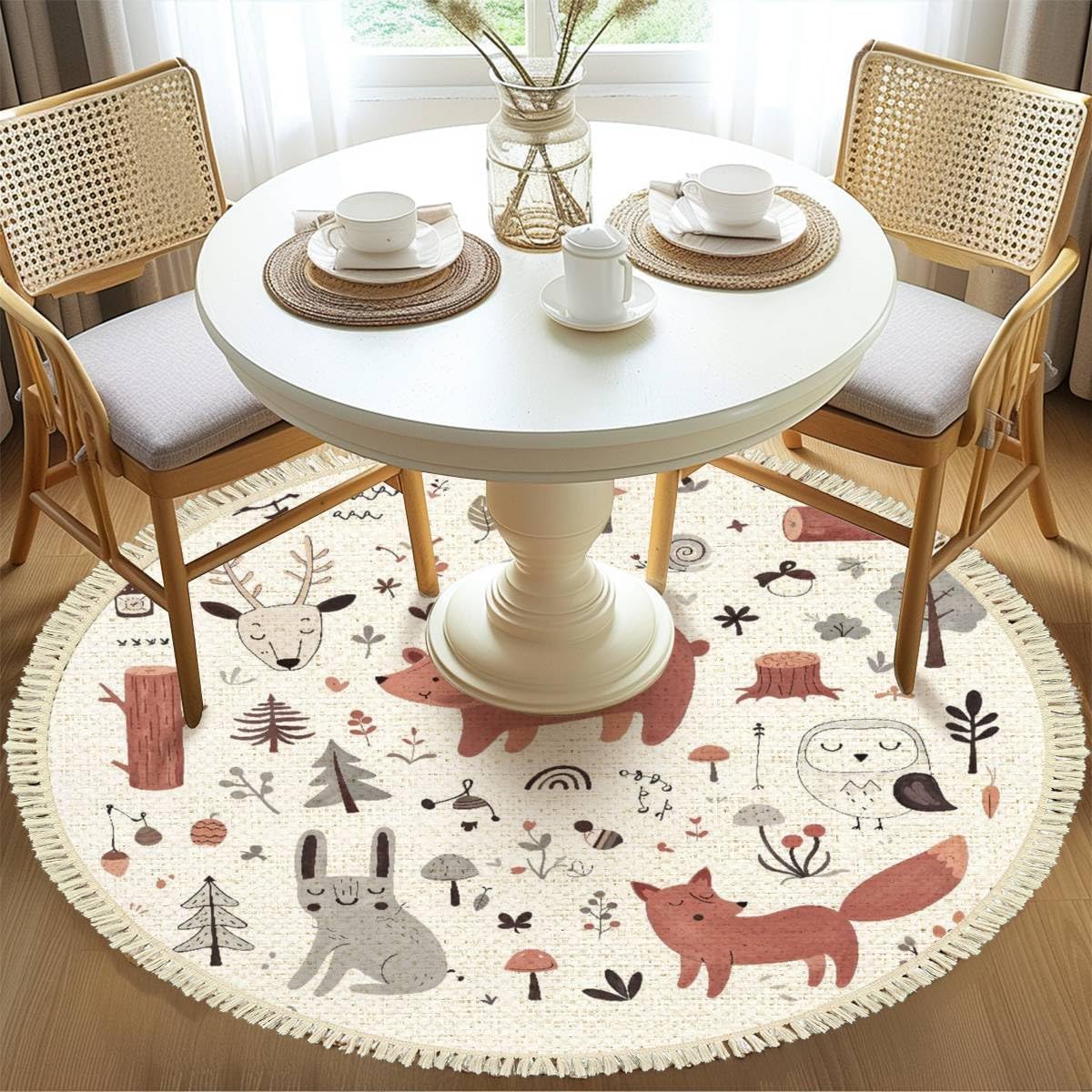 Round Boho Rug Hand Drawn Colored Childrens Set with Cute Forest Animals in Area Linen Carpet Patio Hallway Runner Mat Pad Minimalist Home Decor for Living Room Outdoor, Multi, 4 ft