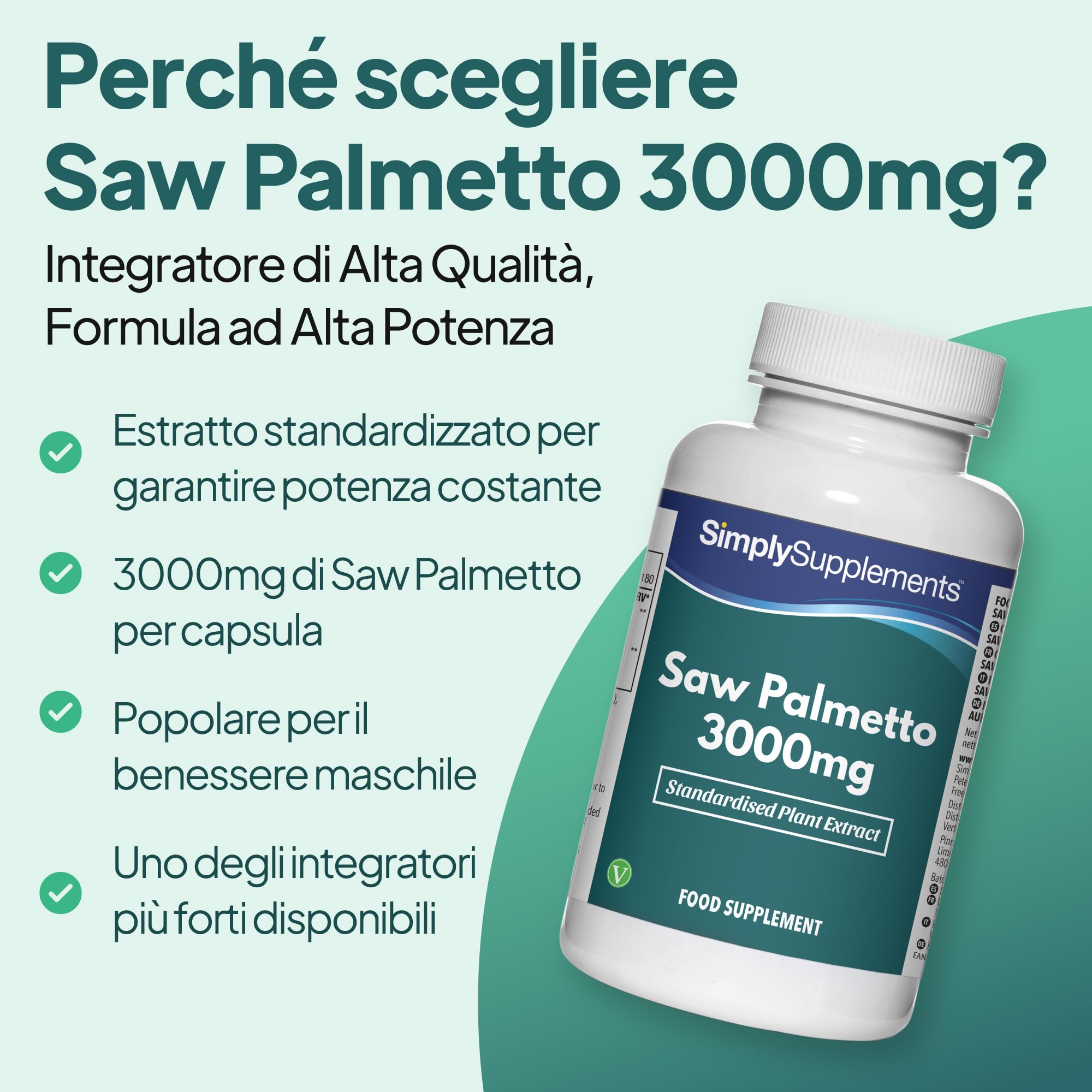 Capsule di Saw Palmetto 3000mg | Estratto Standardizzato ad Alta Potenza | Vegano & Senza Lattosio | 180 Capsule (Scorta di 6 Mesi) | Prodotto nel Regno Unito secondo gli Standard GMP