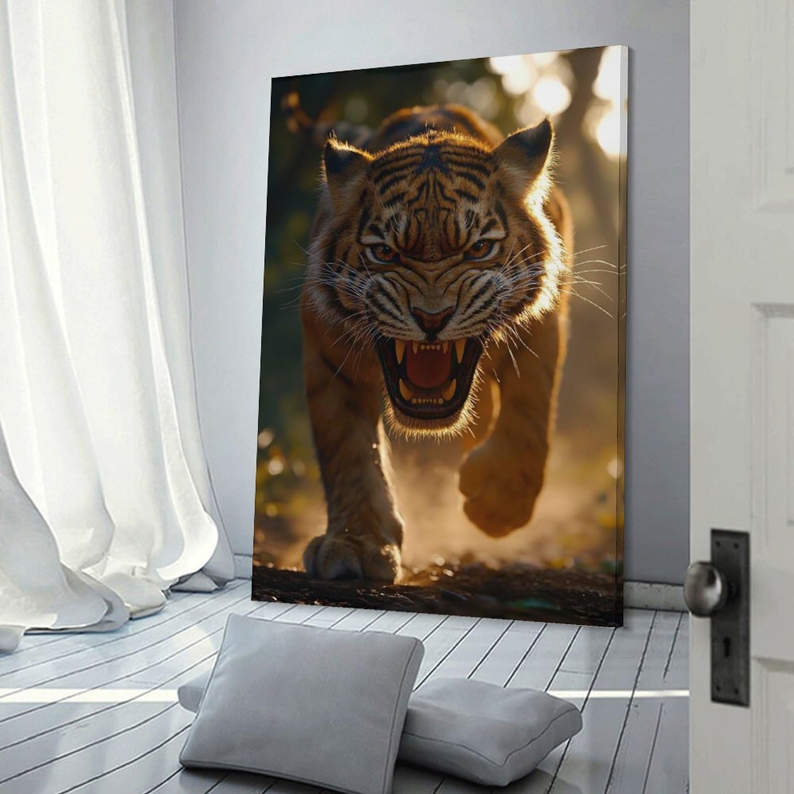 Junmoney Room Decor Wall Art Roaring Tiger Approaching, 24x36inch(60x90cm), for Workspace Walls, Study Corners Or Bedrooms, A Smart Decor Choice for Study Walls