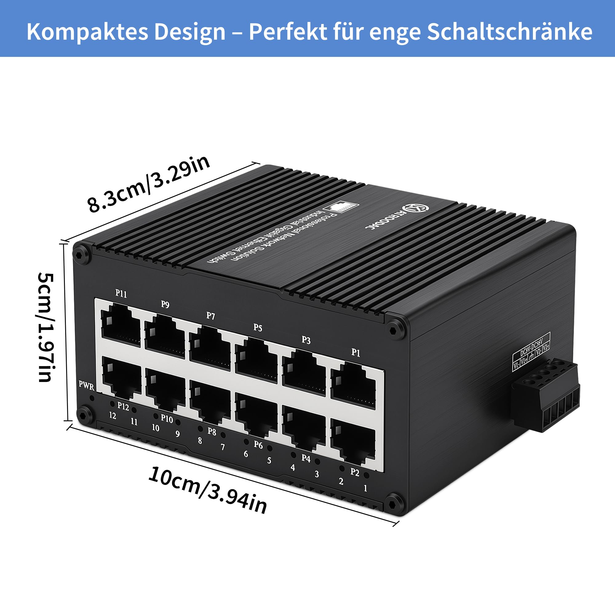 12-Port Gigabit Industrie DIN-Schiene & Wandmontage Ethernet Switch, 20Gbit/s Switching-Kapazität, 10/100/1000Mbps, Redundanz 9-56VDC, -40°C ~ 75°C, Unmanaged IP40, Metallgehäuse