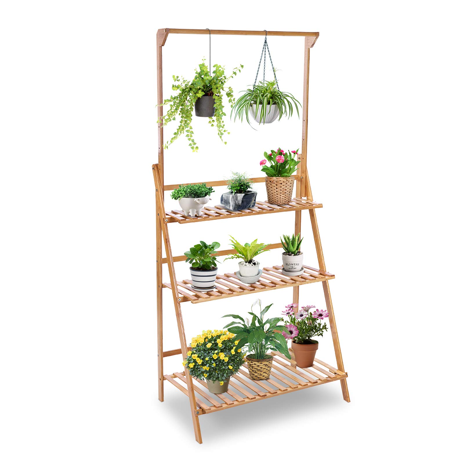 3 Layer Bamboo Plant Pots Ladder Shelf, Flower Plant Pots Ladder Rack with Hanging Rod, Bamboo Plant Rack for Outdoor Balcony or Indoor Living Room, Foldable Garden Plant Shelf for Plant Display