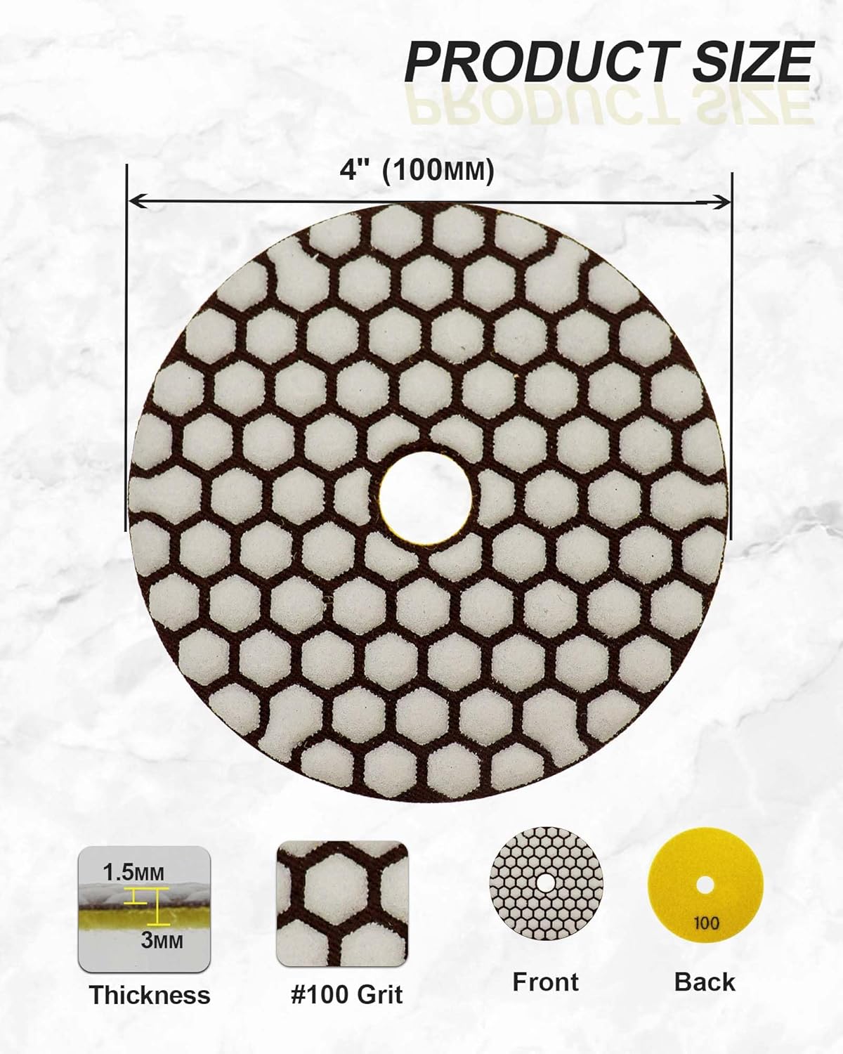 Dry Diamond Polishing Pads 4"/100mm - 8pcs Grit 100 Polish Pad Kit for Granite Marble Artificial Stone Quartz for Angle Grinder SANLEETEK