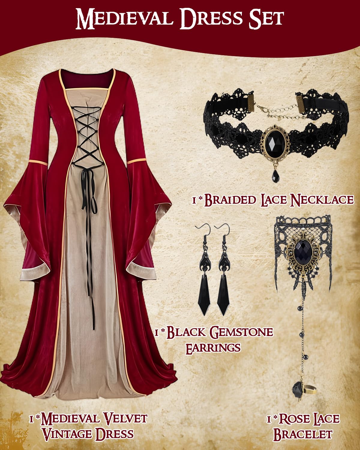 Deguisement Medieval Femme, Costume Medieval Femme avec Collier et Boucles D'oreilles, Robe Renaissance à Manches Cloche, Costume Carnaval pour Fête Rétro Cosplay Halloween