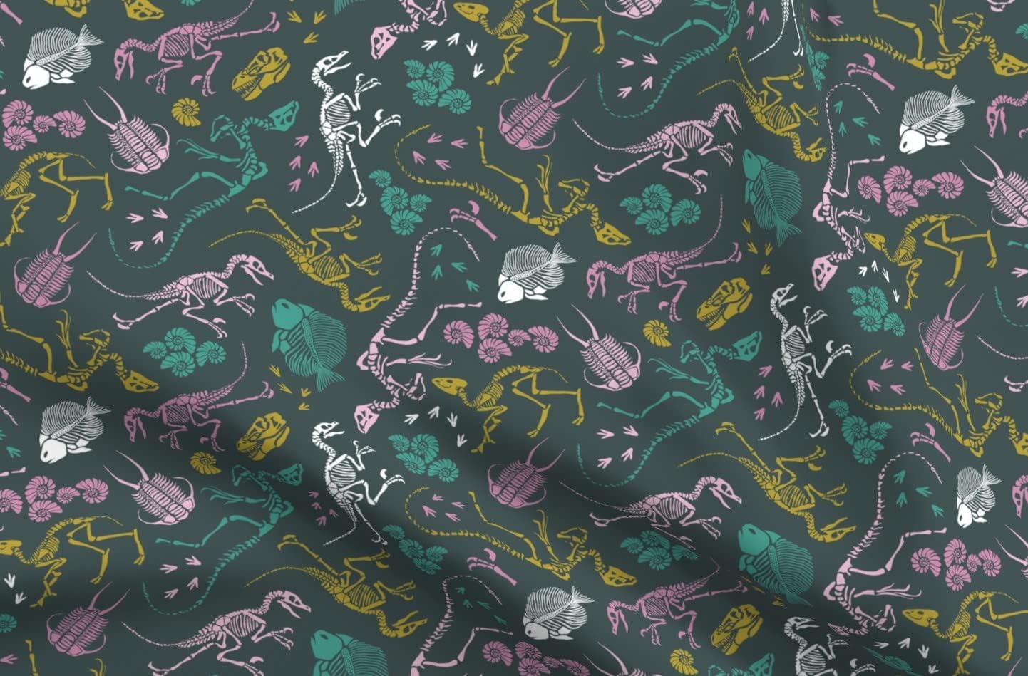 Spoonflower Fabric - Dinosaurs Shells Bones Skeleton Princess Teal Mustard Pink Green Printed on Upholstery Velvet Fabric Fat Quarter - Upholstery Home Decor Bottomweight Apparel