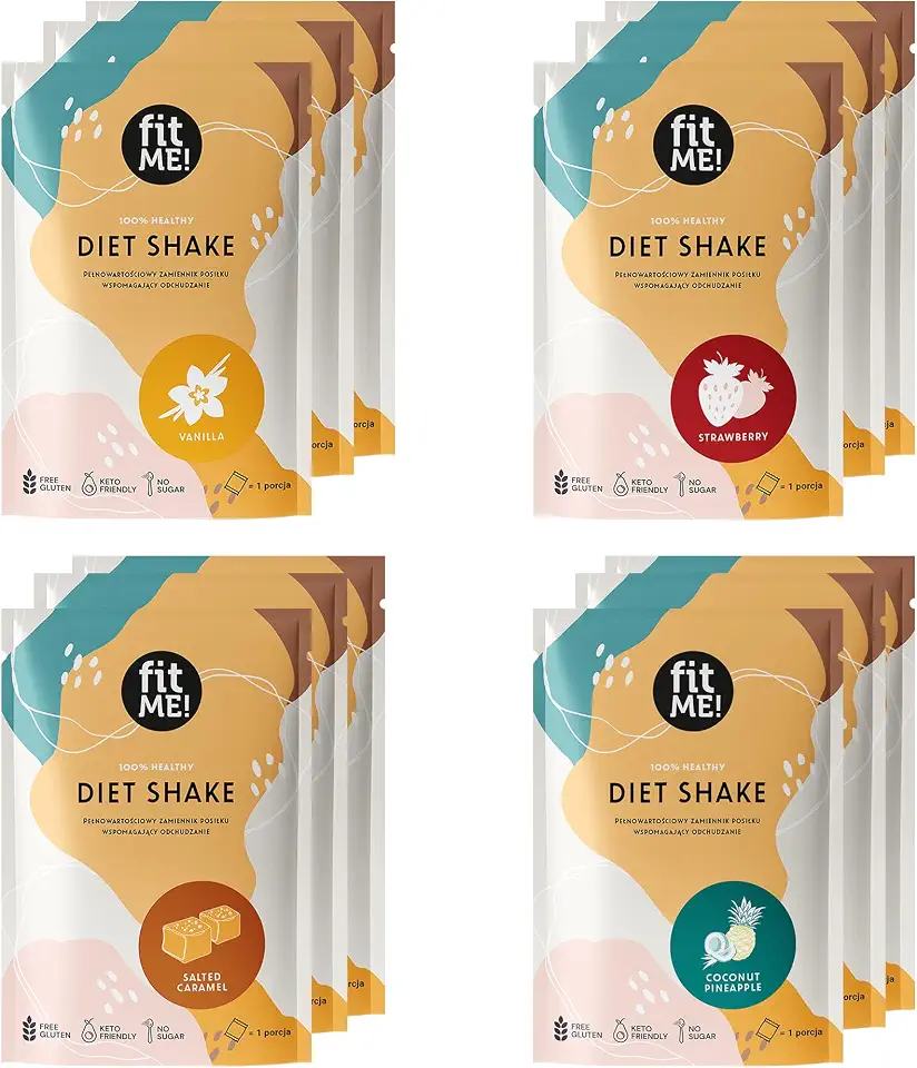 FIT ME Abnehmshake 12 x 25 g Portionsbeutel, Diätshake zum Abnehmen, Probobierset in 4 Sorten, Vanille, Erdbeere, Salzkaramell & Kokos-Ananas, Glutenfreier Shake, Kalorienarm & Proteinreich, Diätdrink