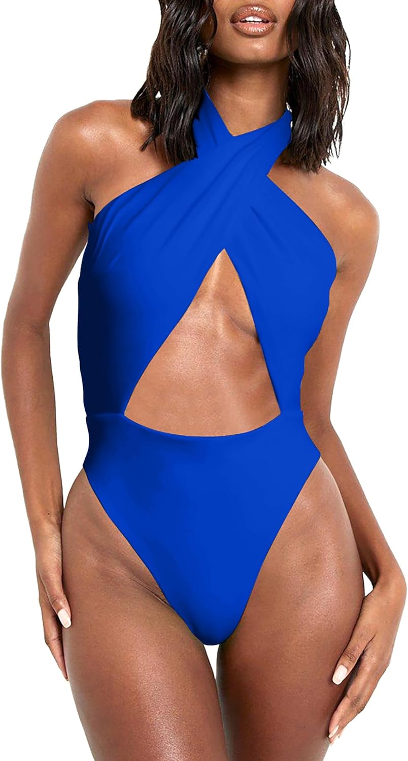HYPERFIRE Women's Sexy Halter Criss Cross Swimsuit Cut Out One Piece Bathing Suit High Cut Swimwear