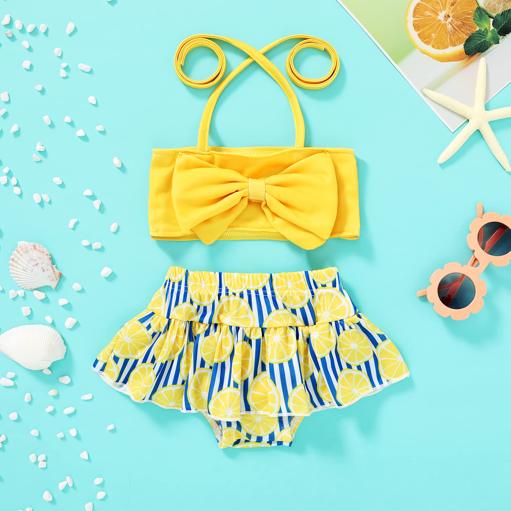 JEELLIGULAR Toddler Baby Girl Swimwear Bowknot Stripe Swimsuit Bathing Suit 2Pcs Bikini Set Outfits Summer (18-24 Months, Lemon)