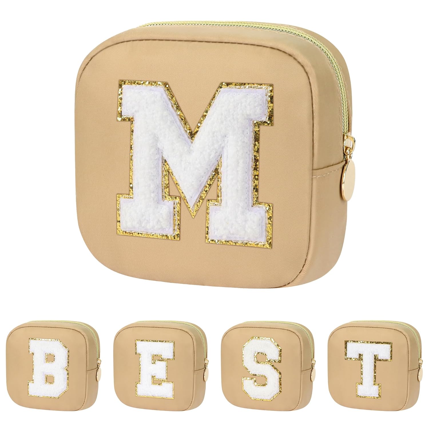 Graduation Gifts for Her, Makeup Bag for Women, Small Makeup Bag for Purse Travel Cosmetic Bag with Preppy Letter Patch, Nylon Mini Makeup Pouch with Zipper, Coin Pouch Napkin Storage Bag(khaki-M) khaki M