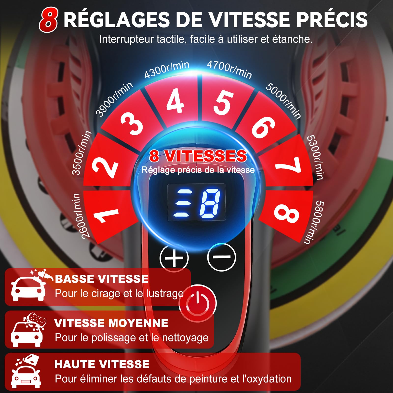 Polishing Polisseuse Sans Fil, 21V 6 pouces Lustreuse Polisseuse Voiture 2600-5800 tr/min Polisseuse Voiture Sans, 8 Vitesses Variable 9 mm Polisseuse Orbitale avec 2 Batteries, pour Cire, Polissage
