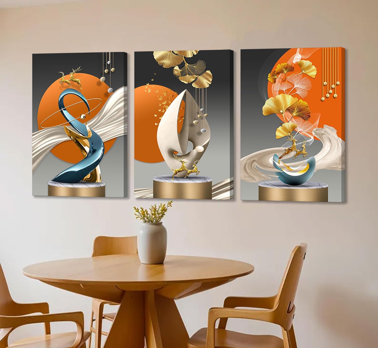 3pcs Modern Abstract Canvas Wall Art Golden Deer Ginkgo Leaf Luxury Foil Lines Wall Decor Pictures White Blue Orange Color Posters Prints Paintings for Living Room Bedroom Office Home Decoration