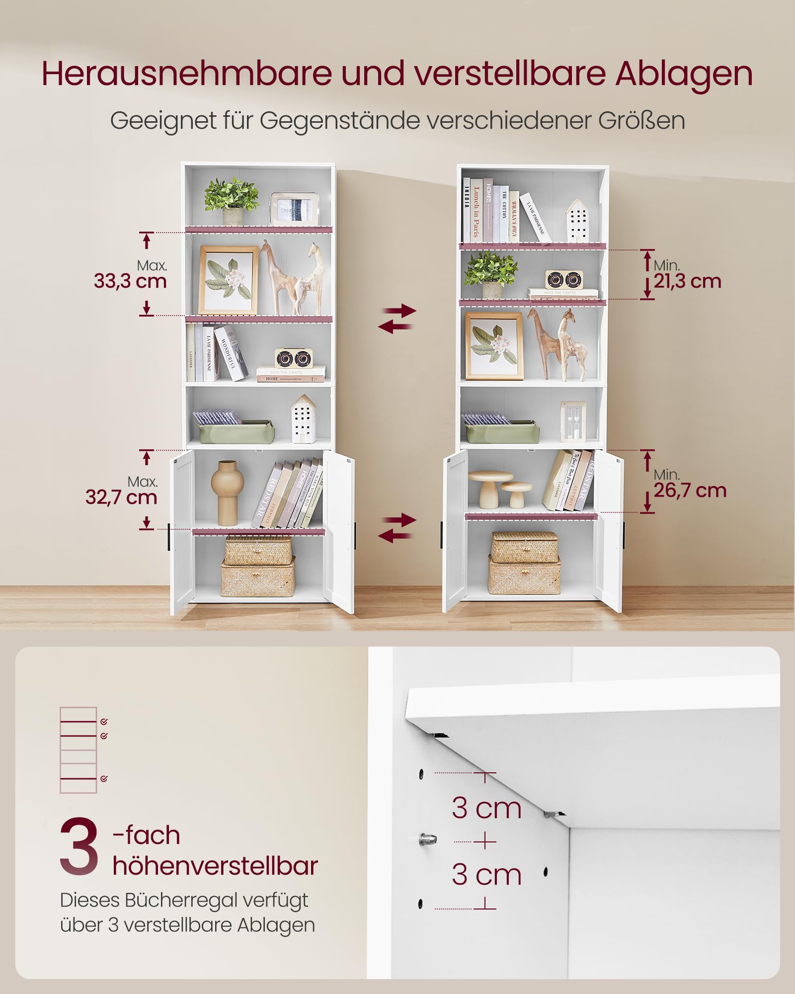 VASAGLE Bücherregal 6-stöckig Standregal mit Türen 24 x 60 x 175 cm wolkenweiß LBC402W01