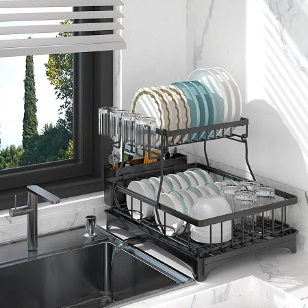 Dish Drying Rack with Drainboard,2-Tier Dish Racks for Kitchen Counter,Detachable Large Dish Drainer Organizer with Utensil Holder Cup Rack Swivel Spout for Women, Cool Stuff & Kitchen Gadgets
