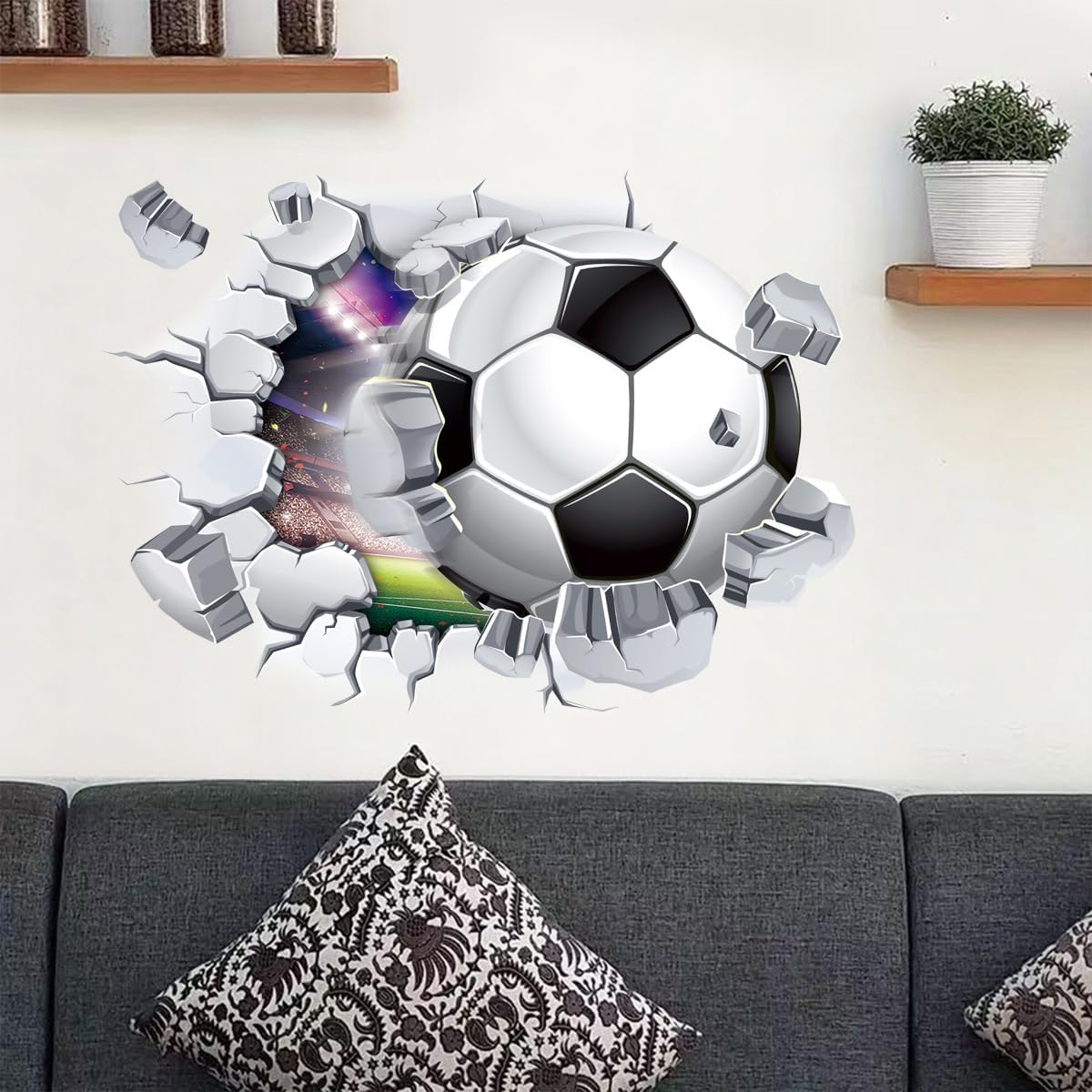Broken Wall Soccer Wall Sticker 3D Decorative Window Stickers for Football paty Sports Enthusiasts Applicable to Various Spaces Such as bedrooms Living Rooms Bars etc