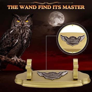 EnrichFun Magic Wand Stand Display Resin Wand Holder with Owl Badge, Showcase Three Wands for Wizard Collection & Decoration, Golden
