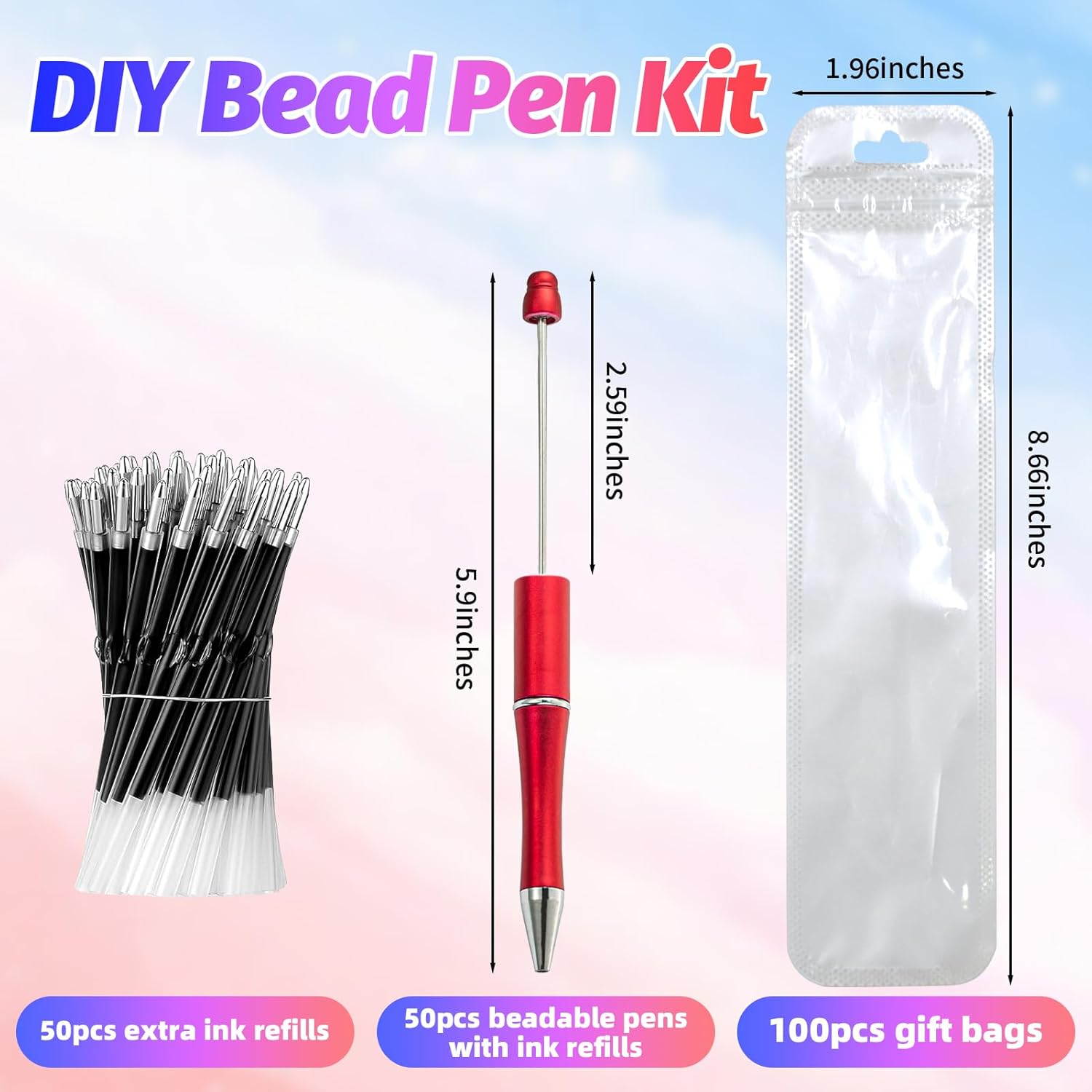 300 Pieces DIY Beadable Pens Kit - 100 plastic Beadable Pens Bulk, Refills & pen bags Included - Beaded Pens Black Ink Ballpoint Cute Pens（Red）