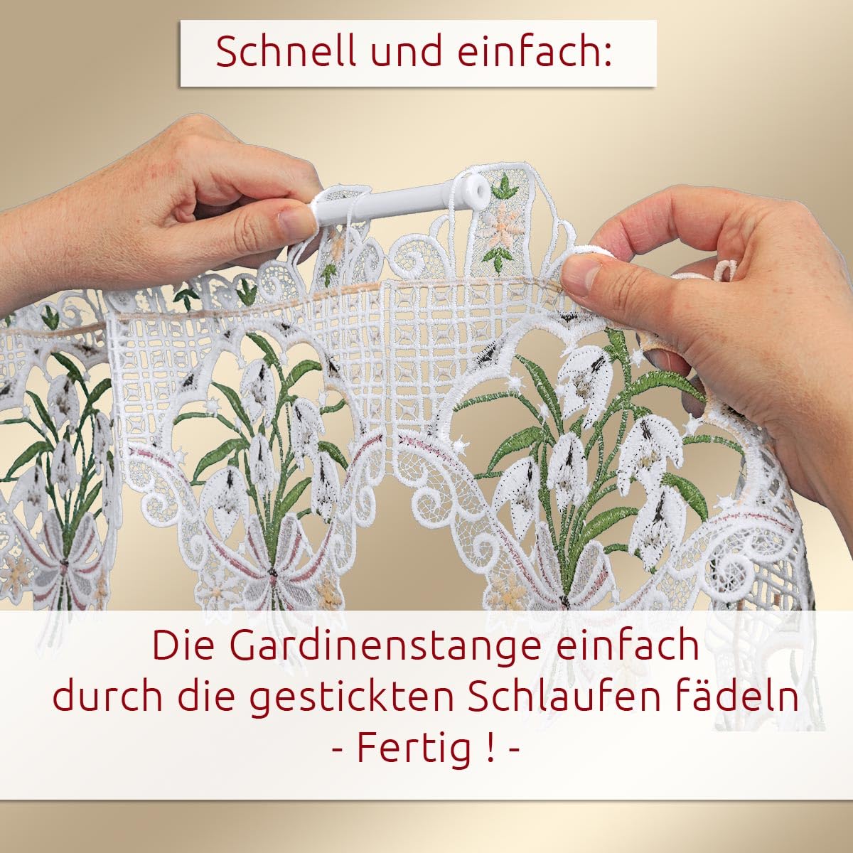 Feenhaus-Scheibengardine Schneeglöckchen weiß | Vogtländische Spitze Fenster-Deko | Landhaus Kurzgardine für Frühjahr & Ostern | Blumenstickerei Frühblüher Höhe x Breite 20 x 92 cm