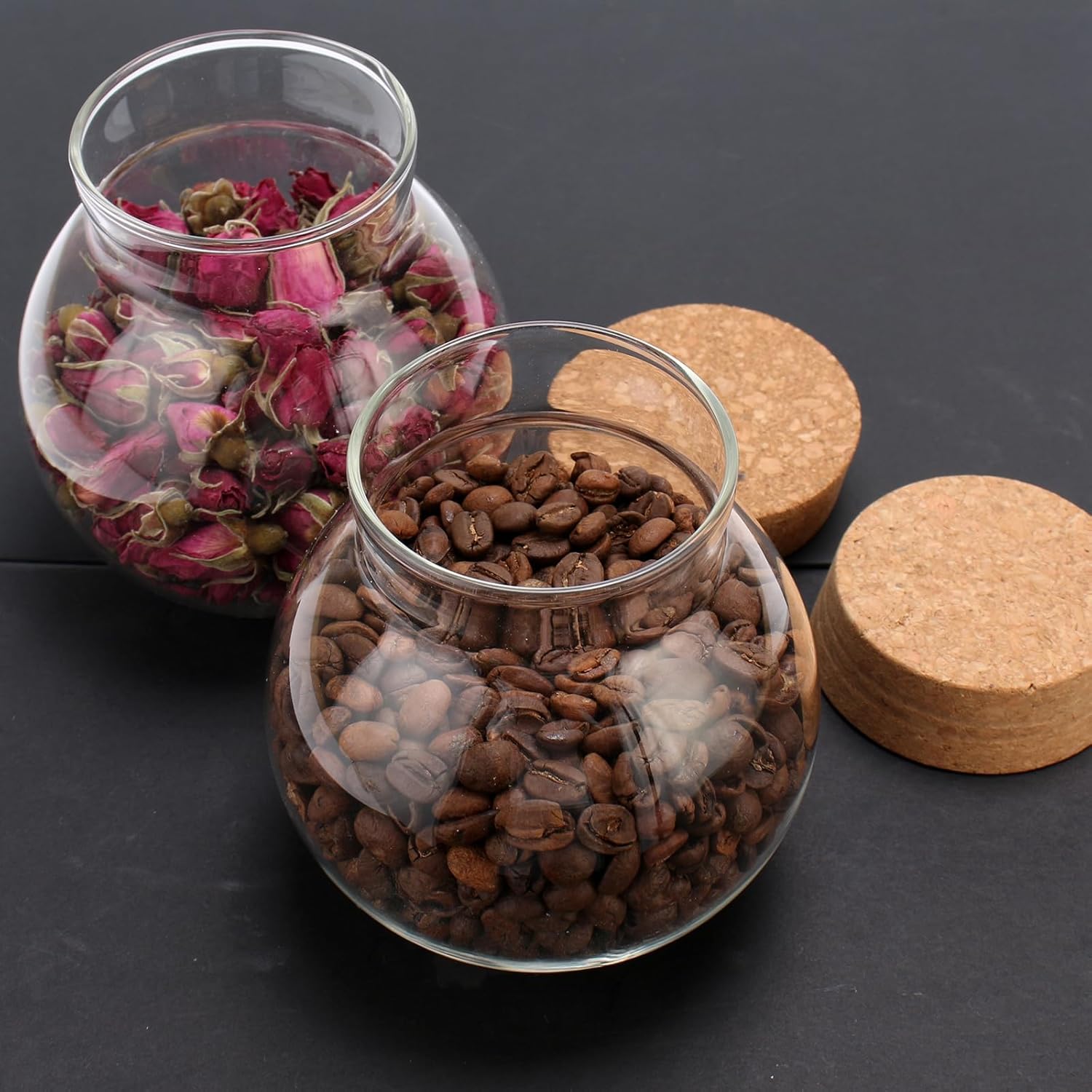 Spherical Glass Jar With Cork Lid Airtight - 17oz Candy Jar Kitchen Glass Jar - for Preserving and Storing Coffee, Spice, Beans, Sugar etc (9)