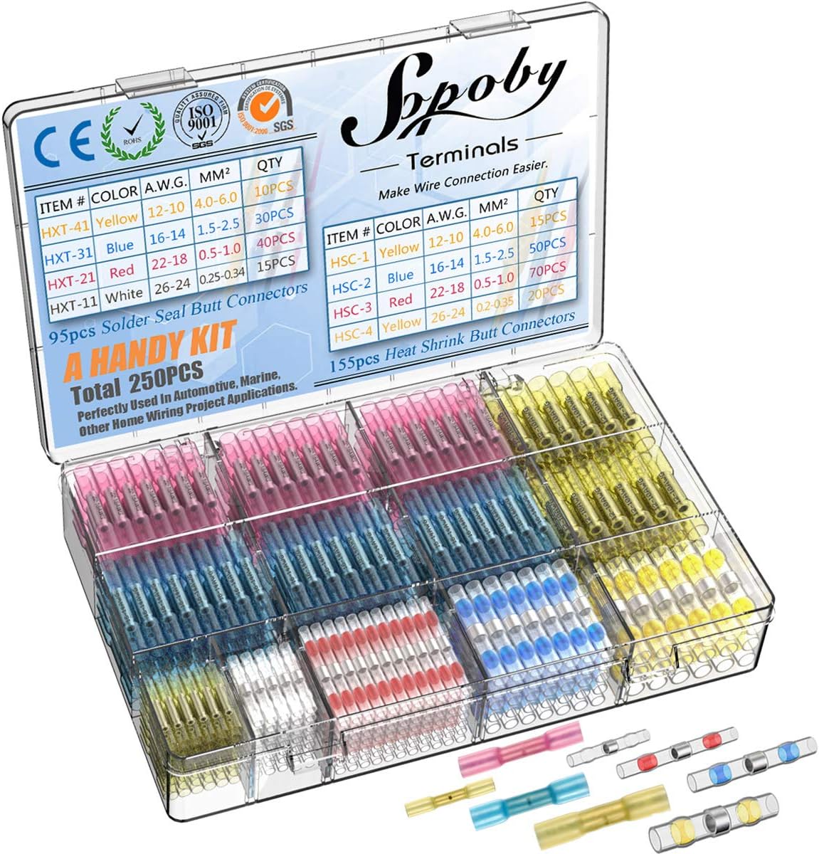 250PCS Heat Shrink Connectors - Sopoby Solder Seal Wire Connectors & Heat Shrink Butt Crimp Connectors - Electrical Connectors Waterproof Assorted Wire Terminal Kit (26-10GA)