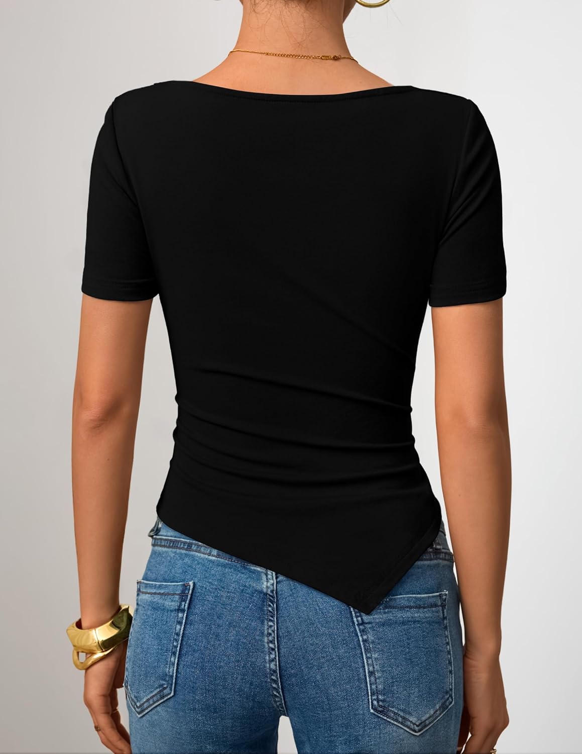 ZESICA Asymmetrical Short Sleeve Shirts for Women 2026 Summer Going Out Tops Ruched Outfits Fashion Y2K Clothes - Image 4