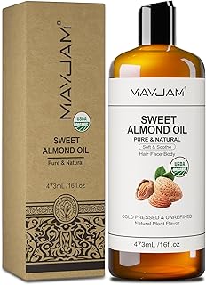 MAYJAM Sweet Almond Oil 16 Fl Oz, USDA Certified Pure and Natural Carrier Oil, for Skin and Hair Moisturizing, Hair and Body Massage Oil for Essential Oils Mixing (473ml)