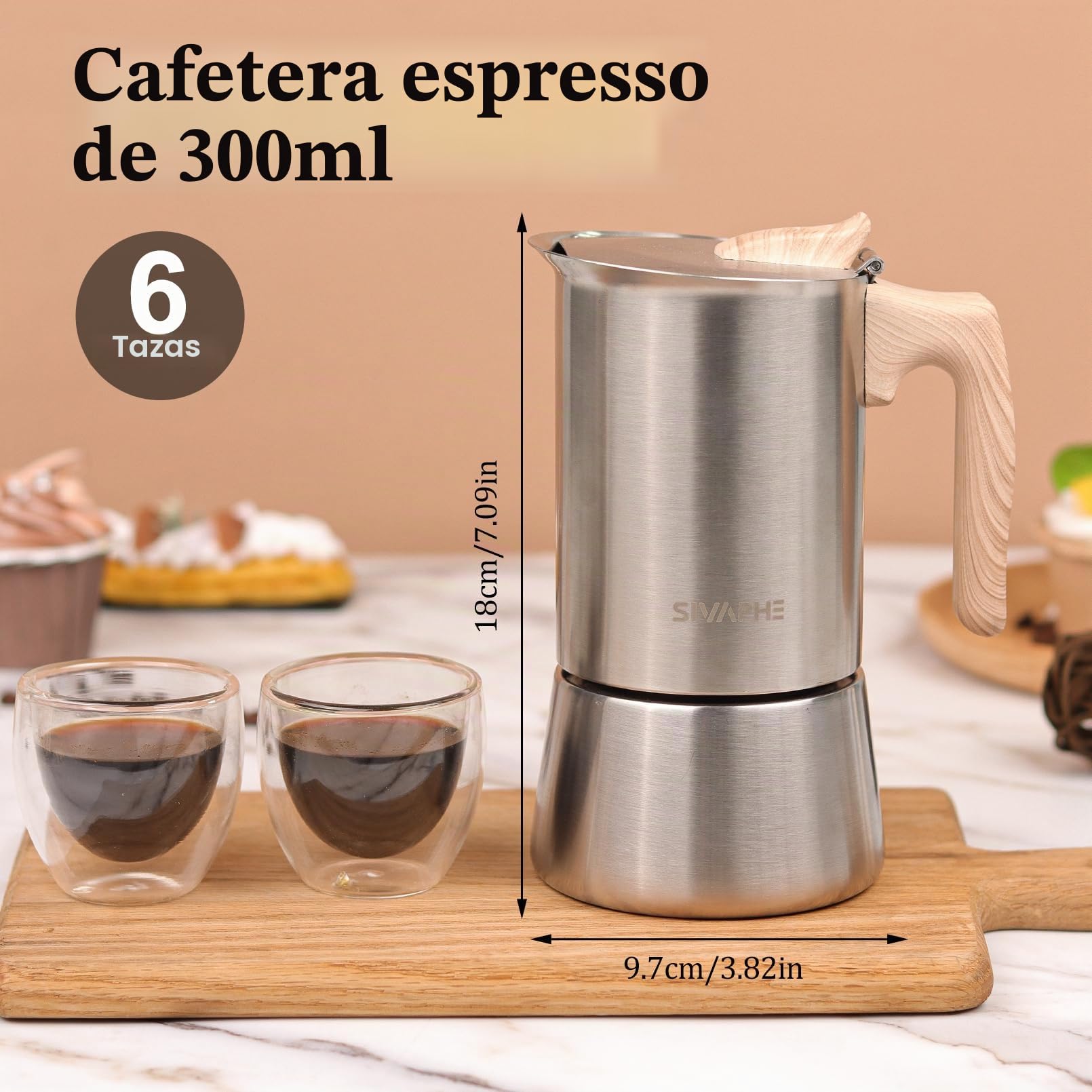 Sivaphe Cafetera de Espresso de Inducción - Acero Inoxidable, Moka Sin Aluminio, 6 Tazas de 300 ml