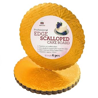 w packaging 12 inch Gold Round Scalloped Edge Coated Cakeboard,Waxed Greaseproof, Disposable Cake Circle Base Boards Cardboard, pack of 6