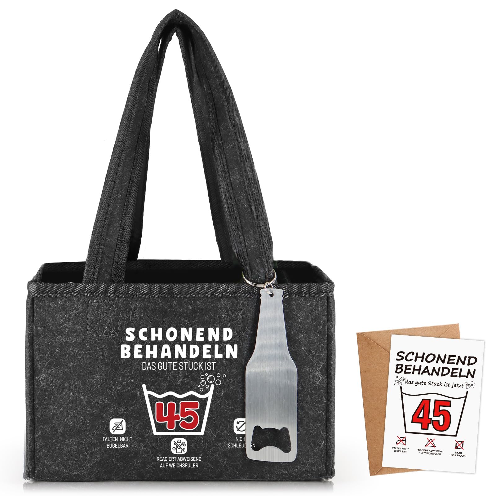 WenmthG 45 Geburtstag Mann Frau Lustige Bier Geschenke Männerhandtasche mit Flaschenöffner und Grußkarten, Geburtstagsgeschenk Biertasche Männer für 6 Bierflaschen