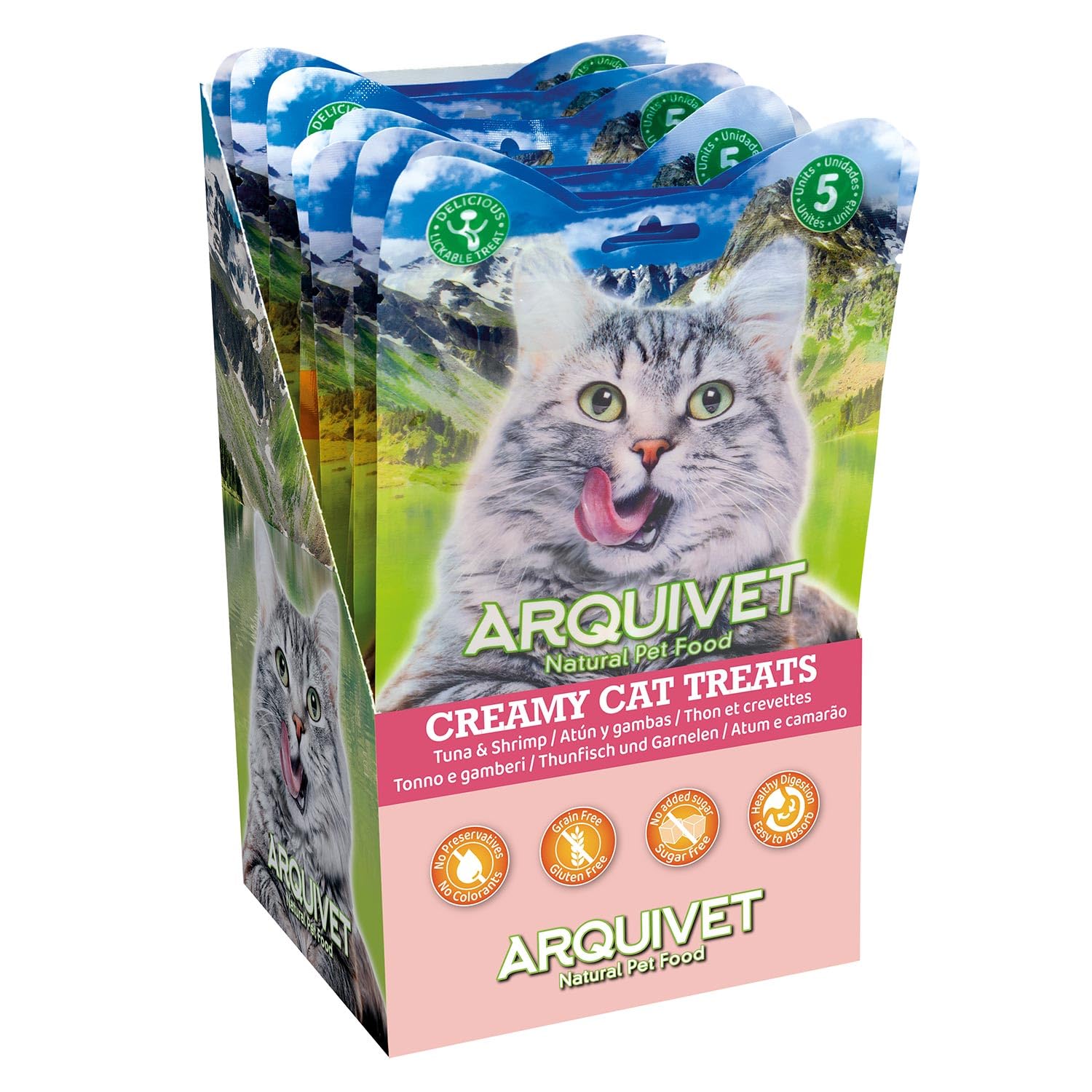 Arquivet- Creamy Cat Treats - Snack cremoso de atún y gambas (Expositor de 12 Bolsas con 5x14 g)