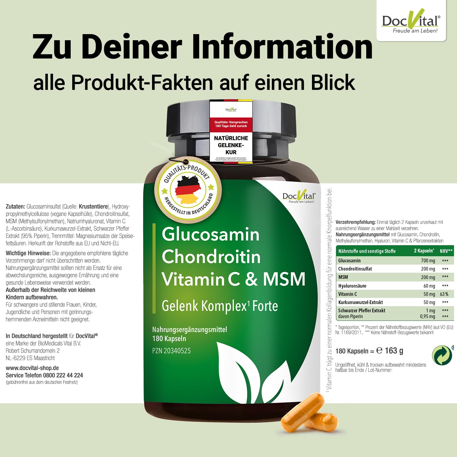 Glucosamin Chondroitin MSM Kapseln hochdosiert [180 Stück] - Gelenkkapseln mit Hyaluronsäure, Vitamin C & Kurkuma - Gelenke & Knorpel - Made in Germany