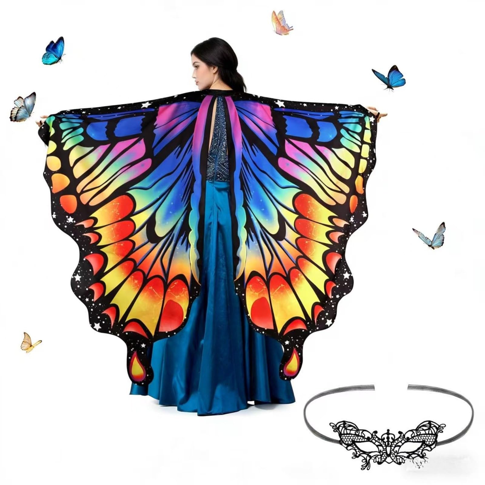 Plliocse Womens Butterfly Wings, Sparkling Sheer Wings Adults With Mask, Adult Fairy Wings Perfect for Easter Christmas Halloween Cosplay (Colorful Butterfly)