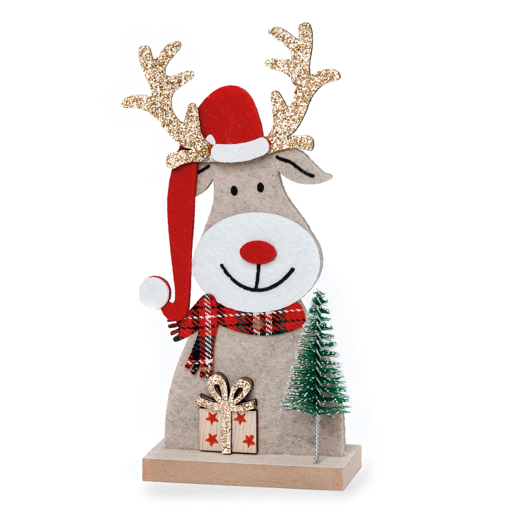 Mopec NA110 Reindeer Felt with Wooden Base Tree and Gift. 8 x 18 x 4 cm, Multicolor