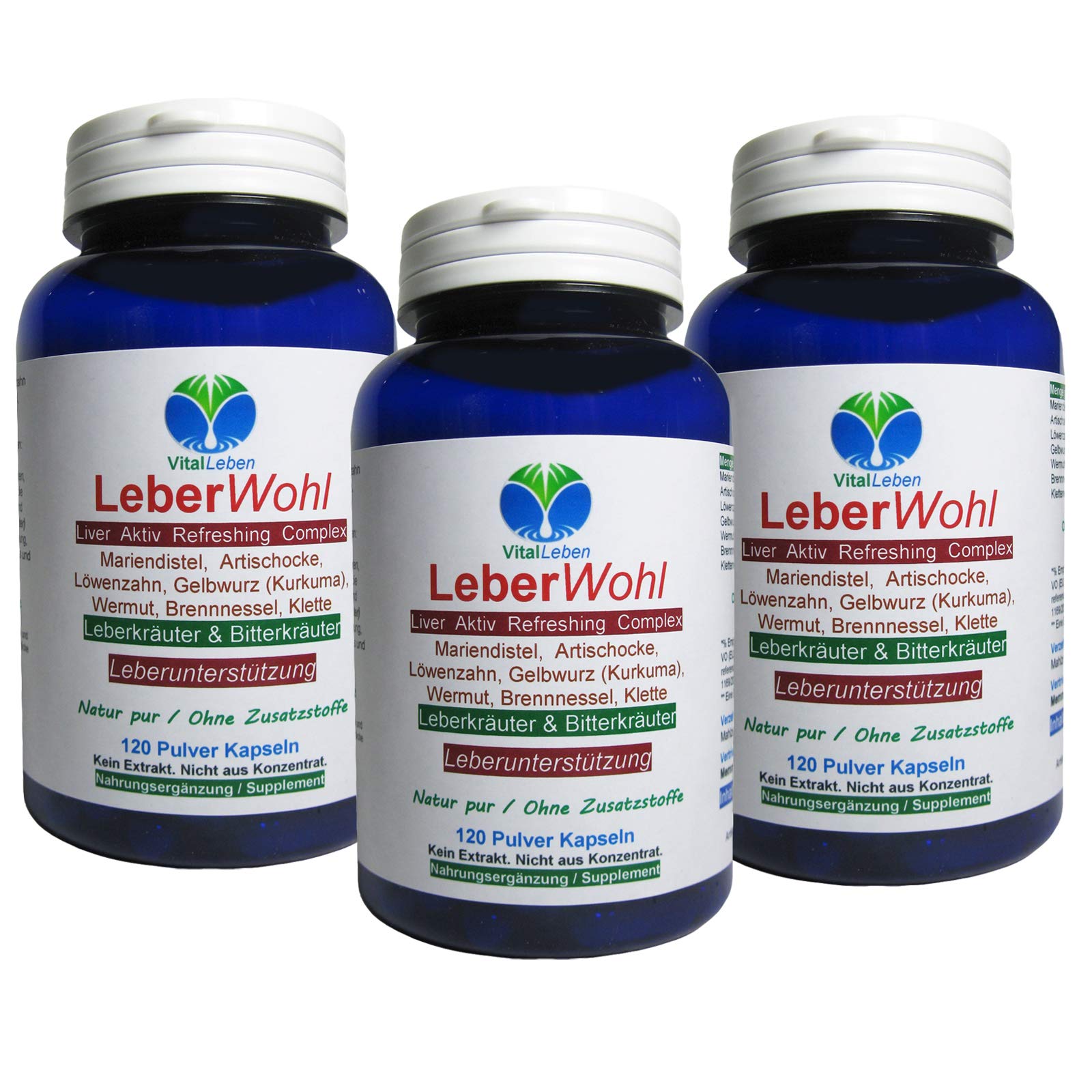Leber Wohl 7 Leberkräuter & Bitterstoffe 360 (3x120) Kräuter Kapseln Leber Liver Refreshing Leberunterstützung NATUR pur OHNE Zusatzstoffe. 26482-3