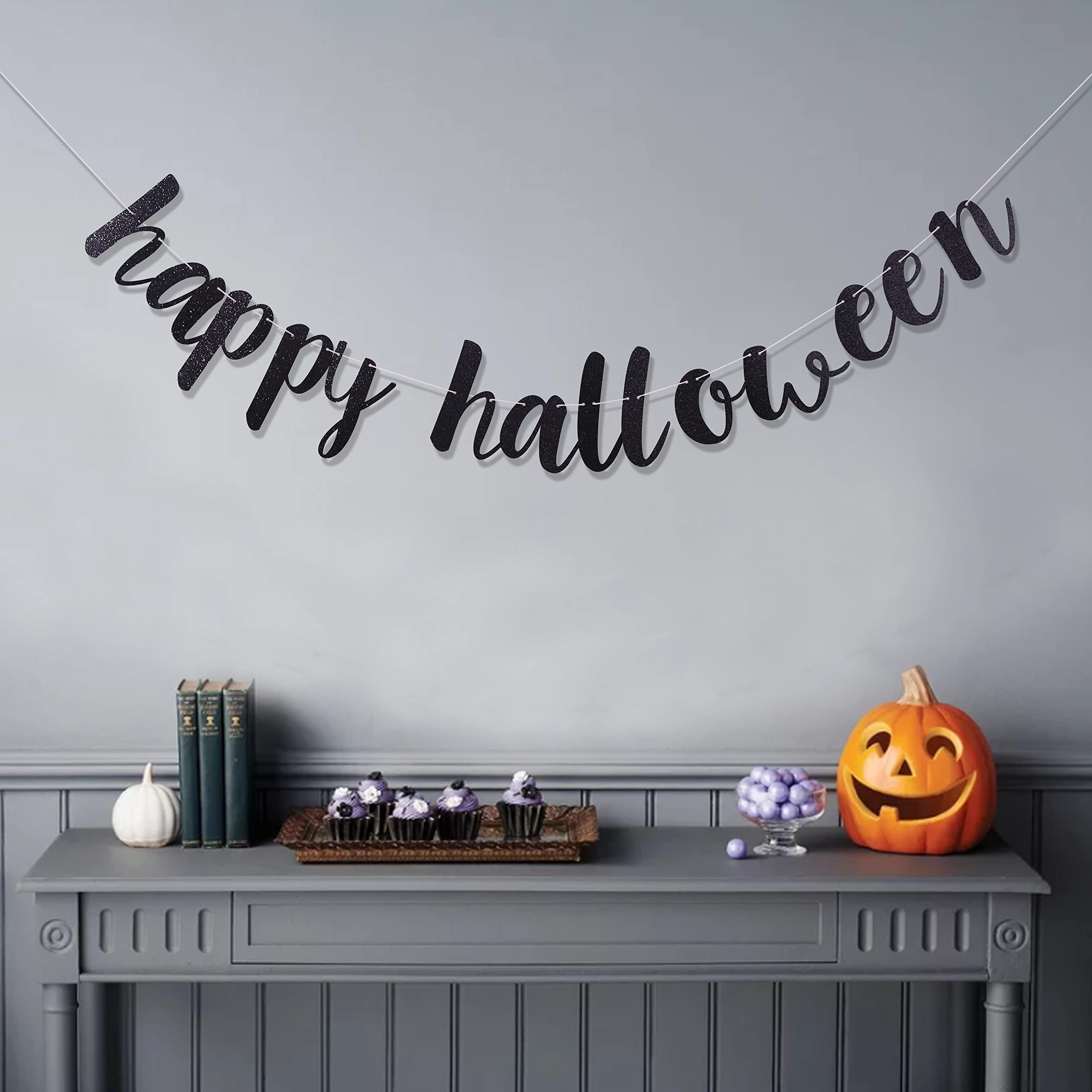 Happy Halloween Banner – Schwarzes Glitzer-Banner Mit Fledermaus Und Kürbis Für Die Perfekte Partydekoration
