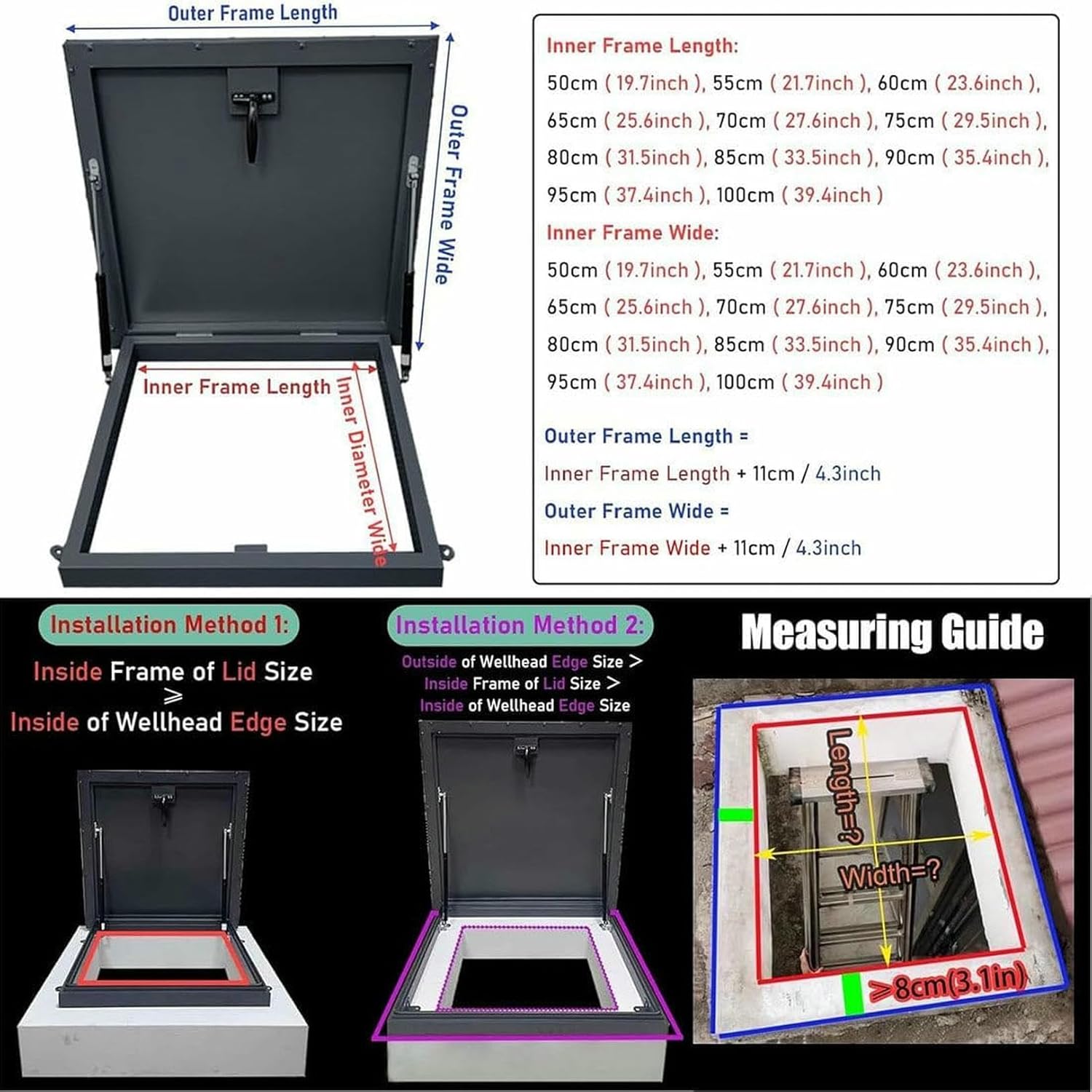 100 95 90 85 80 75 70 65 60 55 CM Roof Exit Lid Attic Skylight Cover, Metal Weather Proof Well Access/Escape Hatch Caps, with Pneumatic-Hydraulic Rods