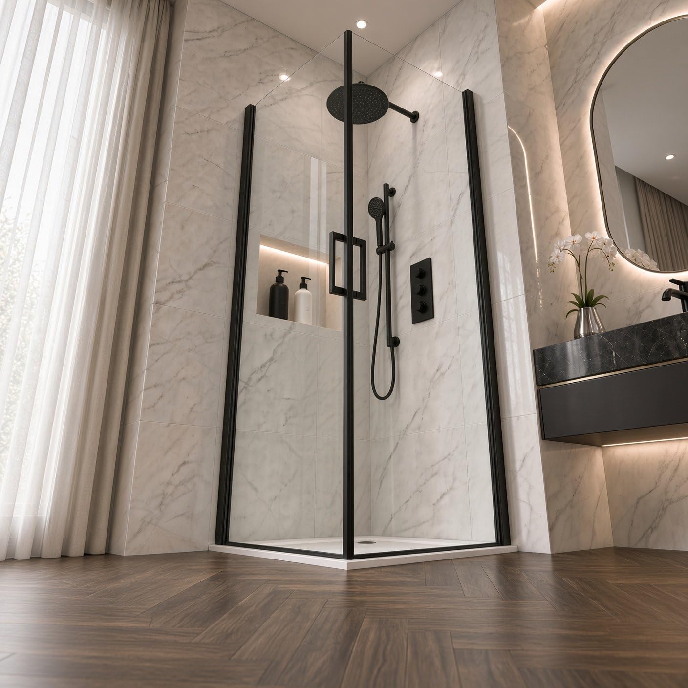 Box doccia angolare 80x80 cm apertura due ante battenti H200 cm cristalli trasparente 6mm profilo Nero Opaco IVO