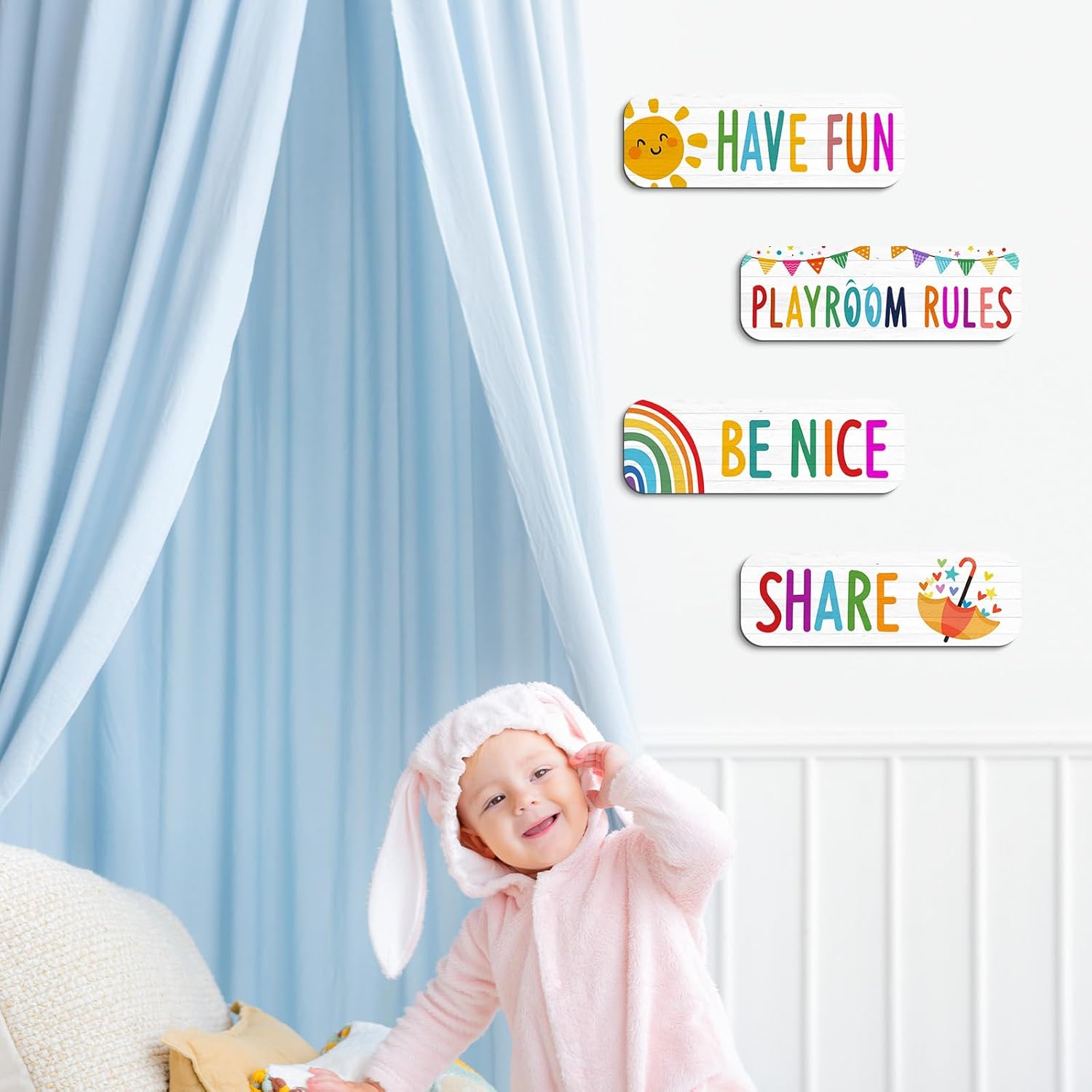 4 Pcs Playroom Sign Kids Playroom Wall Decor Playroom Rules Quotes Sign Be Nice Share Have Fun Wooden Hanging Wall Art Colorful Art Wall Plaque Playroom Decor for Little Boys Girls Bedroom (playroom