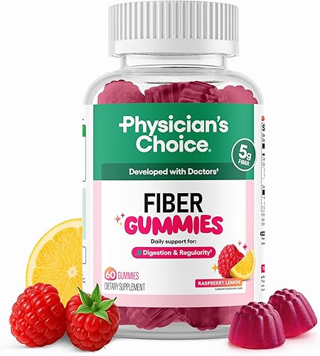 Gomitas de fibra Physician’s Choice para la salud digestiva y regularidad - Sabor a frambuesa y limón - Sin azúcar añadida y vegano - Fibra