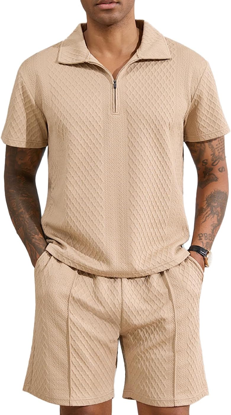 Wizoat Mens 2 Piece Short Set Casual Textured Quarter Zip Polo Shirt and Shorts Summer Outfits